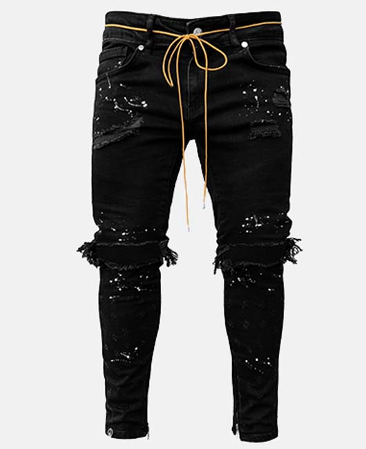 Denim Ripped Raw Edge Lace Up Decor Pencil Jeans