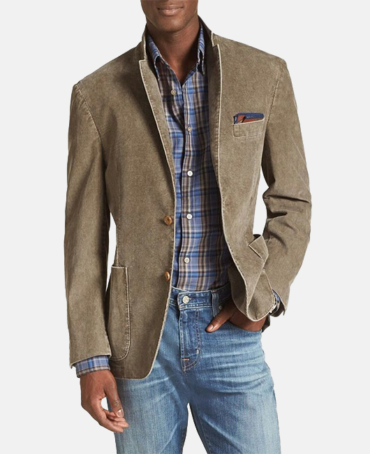 OK Vintage Plain Lapel Collar Two Button Pocket Denim Blazer