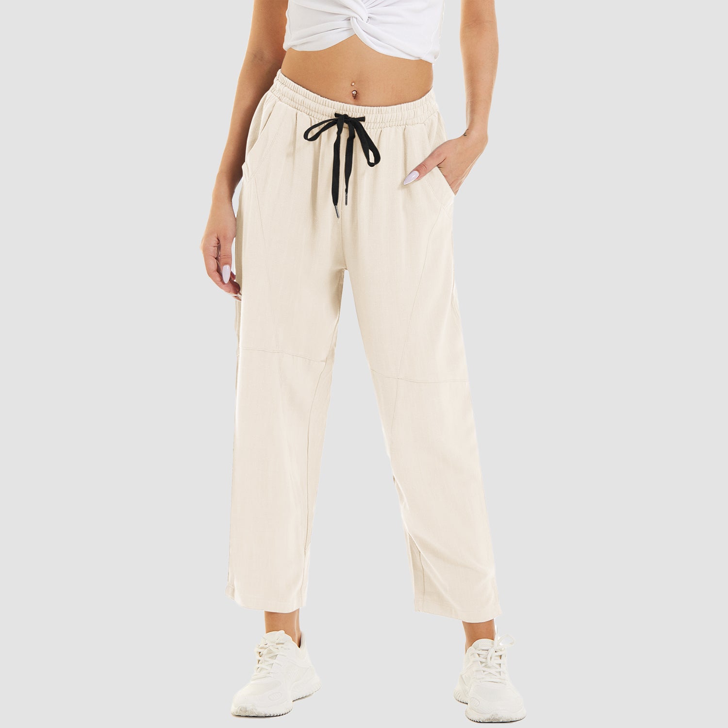 Women's Cotton Linen Pants High Waisted Summer Casual Pants Drawstring with 4 Pockets