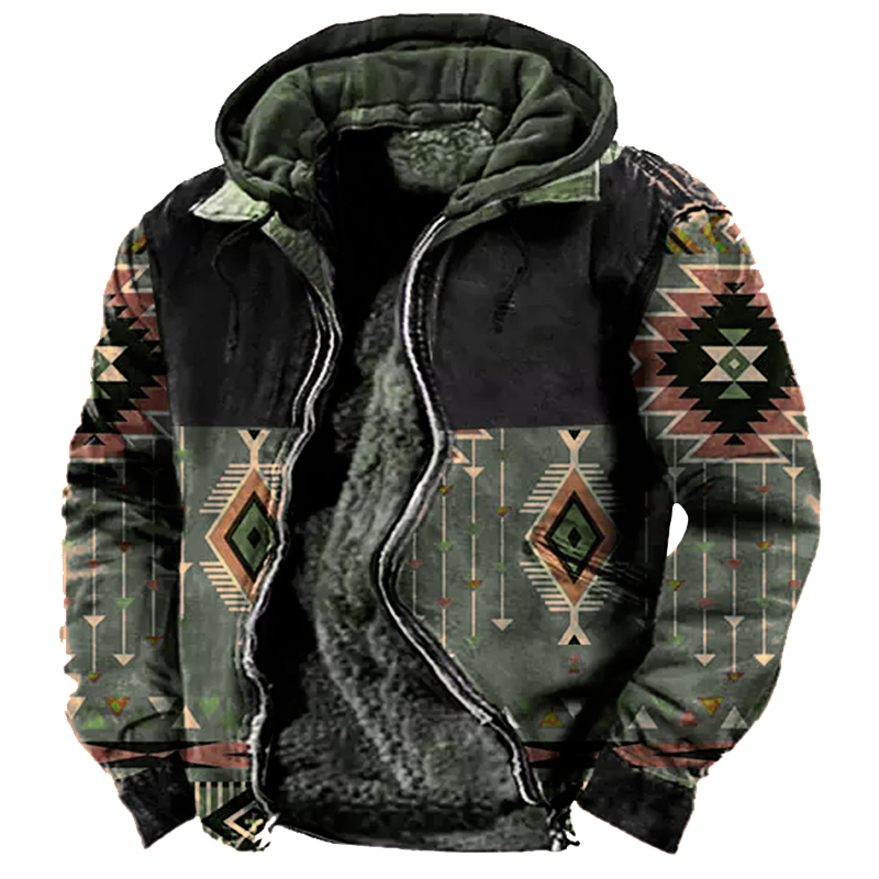 Men's Vintage Ethnic Outdoor Tactical Hooded Fleece Lined Jacket